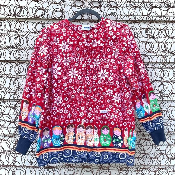 Landau red white floral Joy Love Hope Children Snap Up Nurse Jacket With Pockets - Picture 1 of 5